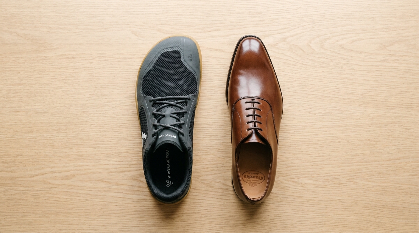 Anatomical wide shoe compared to narrow tapered dress shoe