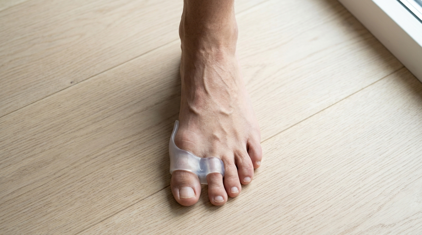 Natural foot wearing silicone toe spacers to restore straight hallux alignment