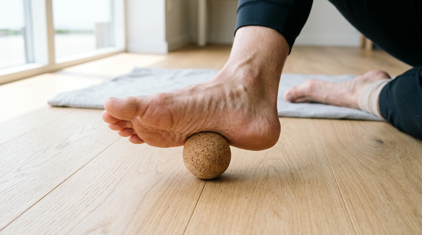 Bare foot rolling over natural cork massage ball on wood floor