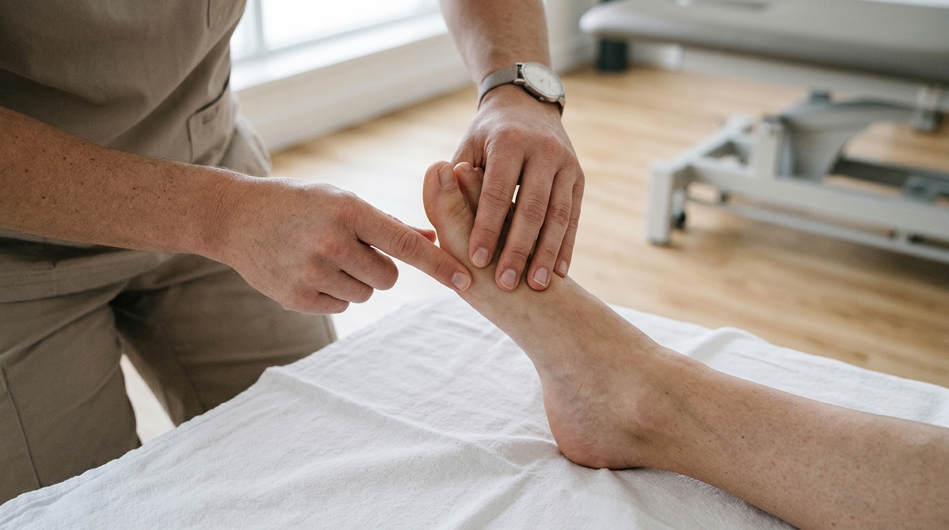 Physical therapist hands gently mobilizing the first metatarsophalangeal big toe joint